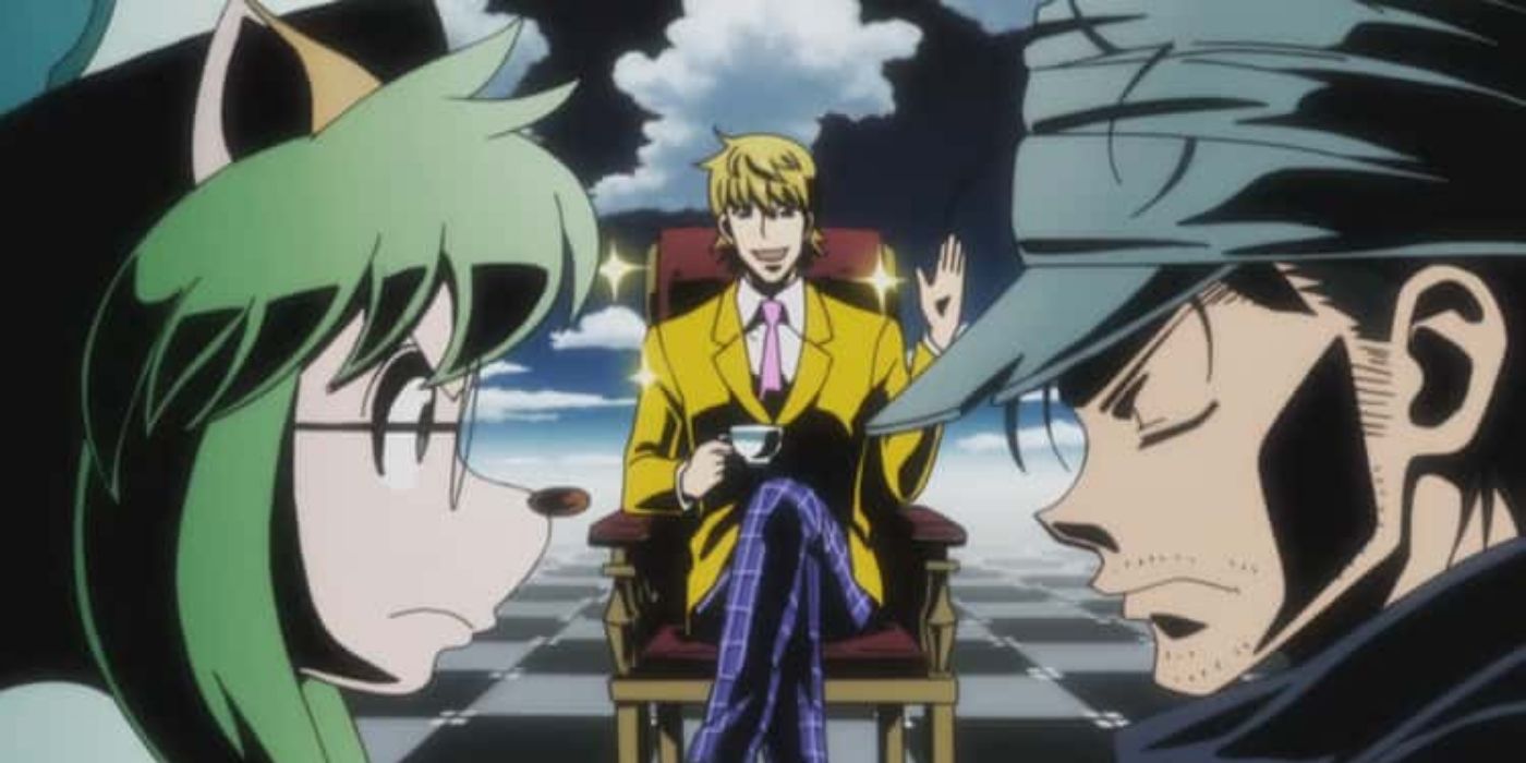 Cheadle and Ging facing off while Pariston is in the background of Hunter x Hunter.