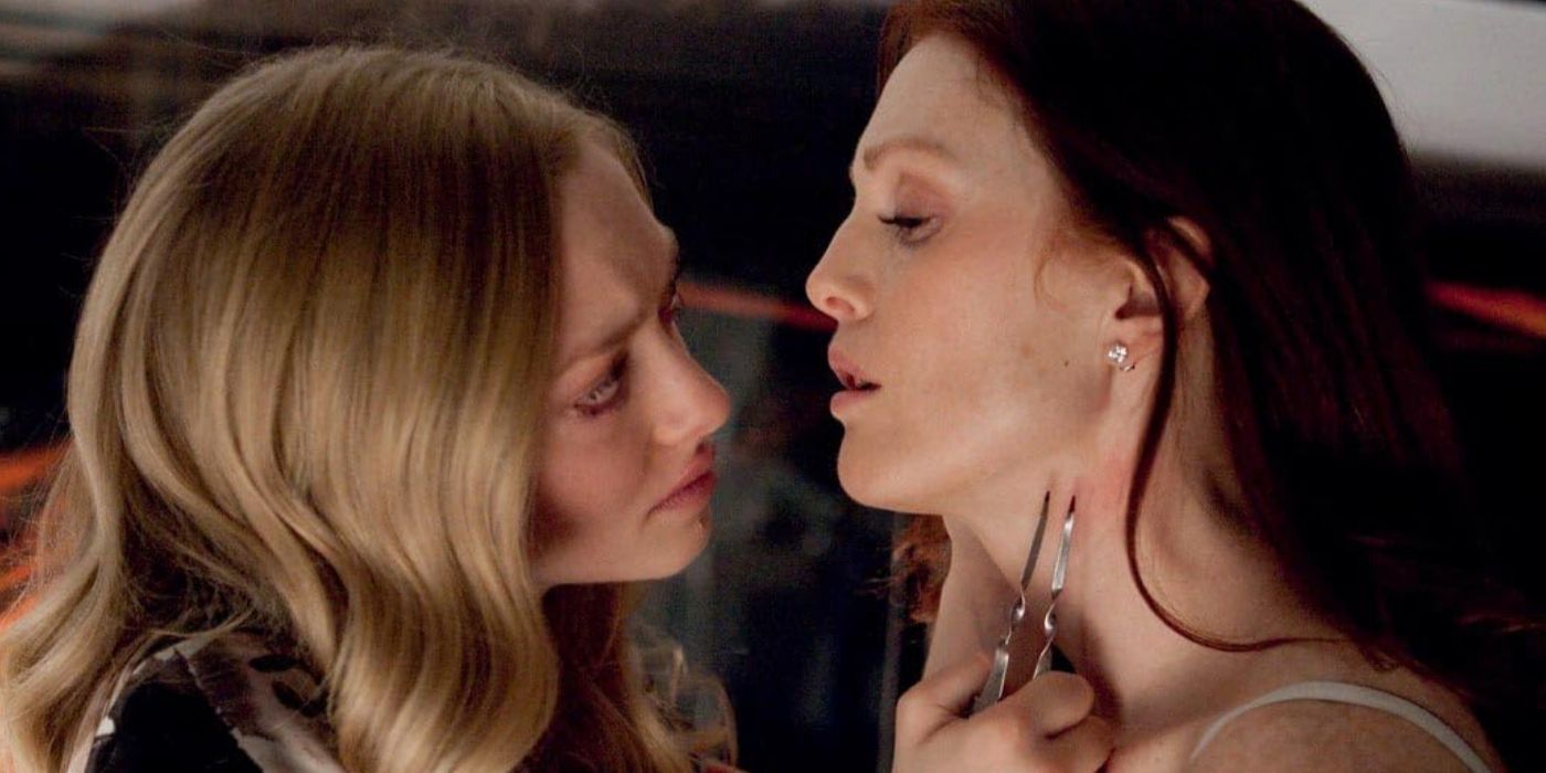 Chloe (Amanda Seyfried) threatening Catherine (Julianne Moore) with a hairpin during the climax of 'Chloe.'