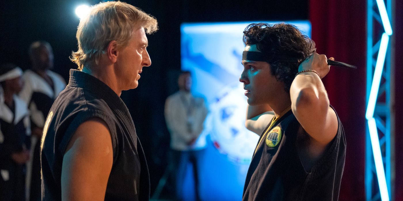 William Zabka and Xolo Mariduena in black gis at the Sekai Taikai in Cobra Kai Season 6.