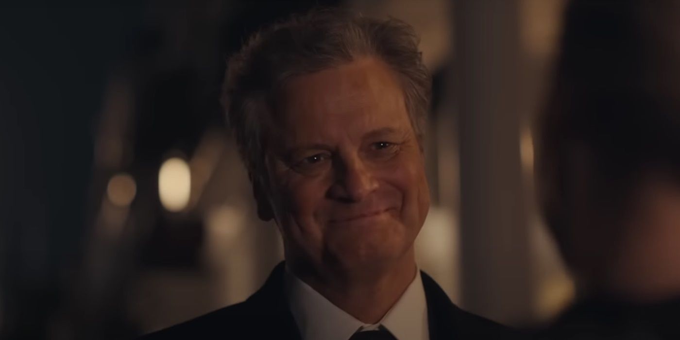 Colin Firth, smiling at Bridget, as Mark Darcy in Bridget Jones: Mad About the Boy