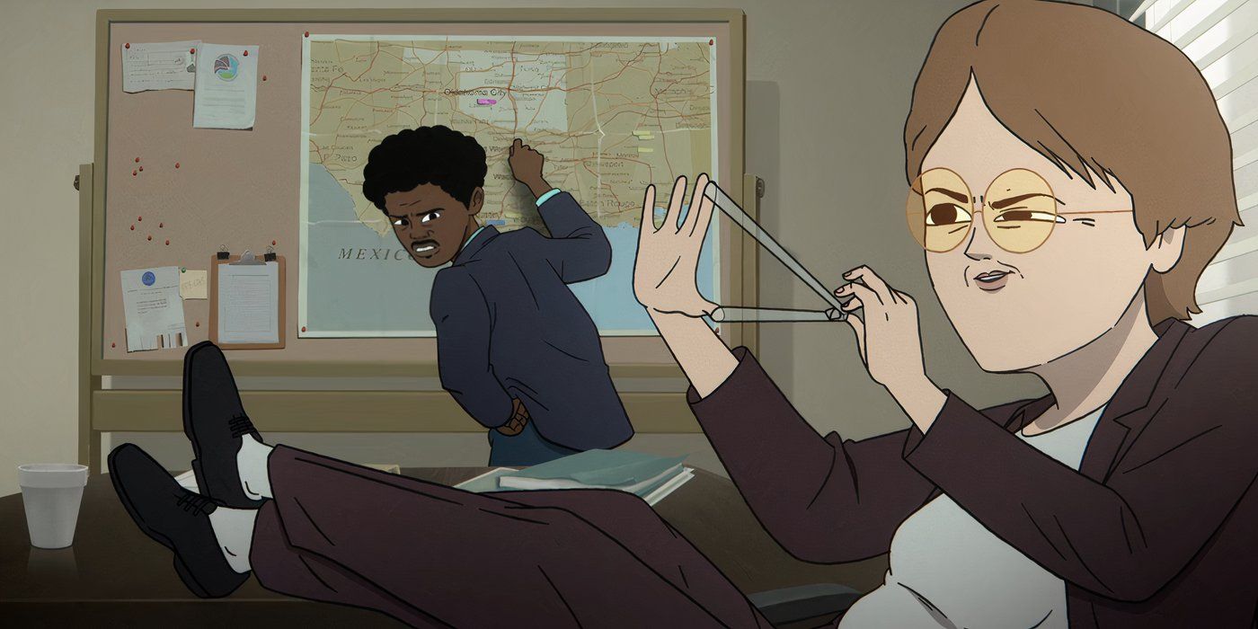 Agent Harrington (voiced by Martha Kelly) plays with some tape while Agent Copano (Joseph Lee Anderson) explains a map in Common Side Effects on Max.