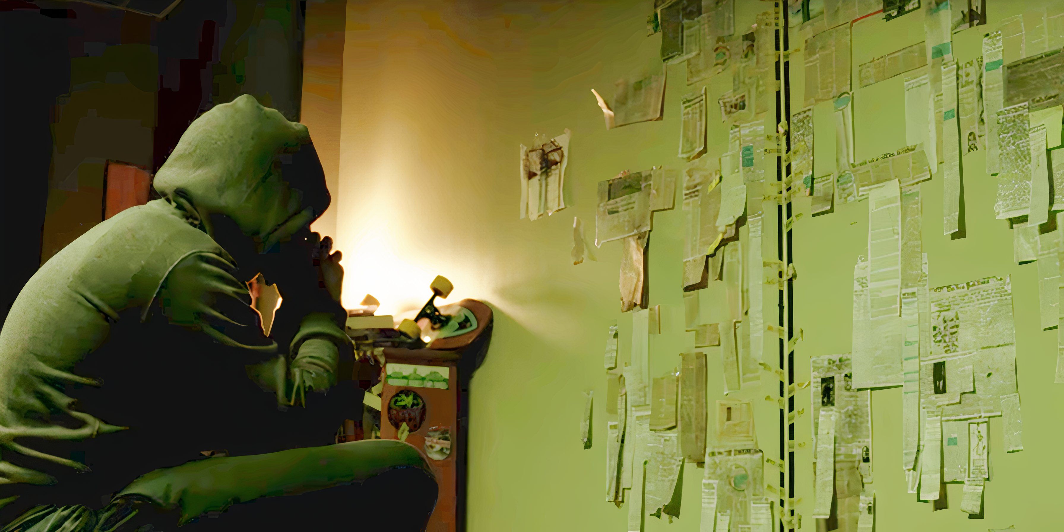 Aaron from The Conspiracy (2012) directed by Christopher MacBride looking at Conspiracy Board