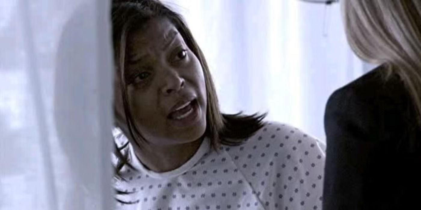 Taraji P. Henson in a hospital gown talks to a CSI agent in CSI episode I Like to Watch.