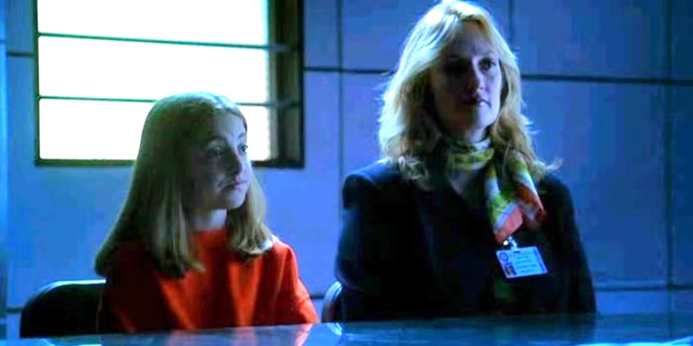 A young girl sits next to a woman in an interrogation room in CSI episode The Unusual Suspect.