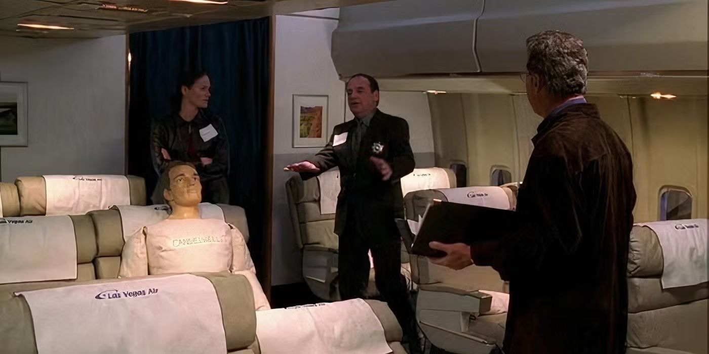 The CSI agents stand aboard an empty plane with a mannequin in one of the seats in CSI.