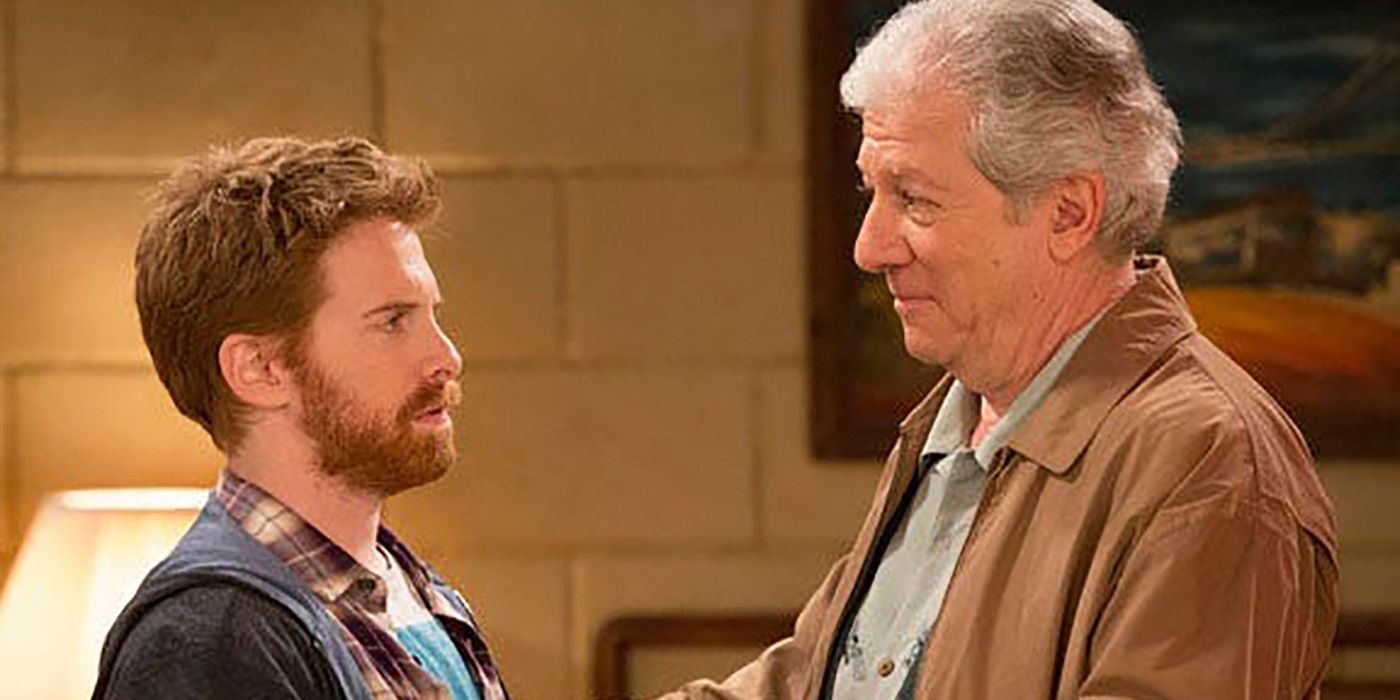A character played by Seth Green and his father stare at one another in Dads.