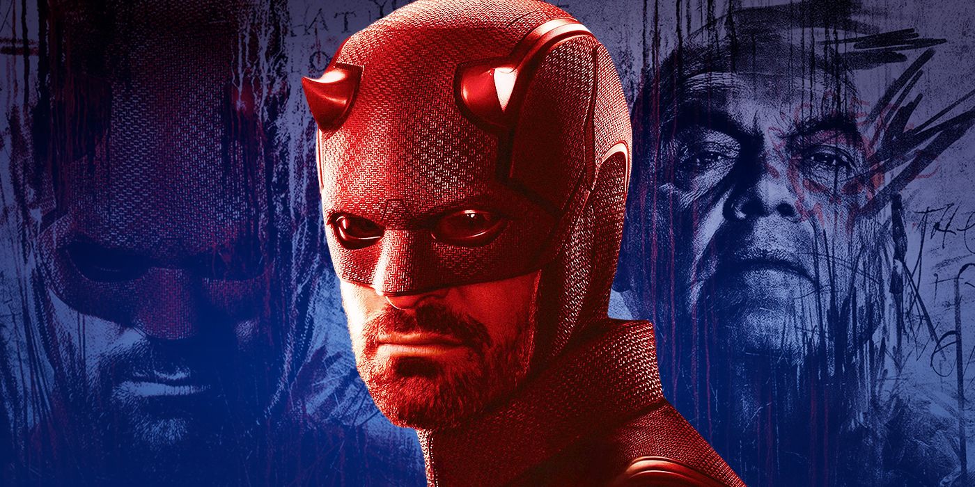 Una imagen personalizada con Charlie Cox como Daredevil e imágenes de otros proyectados para Daredevil: nacido de nuevo.