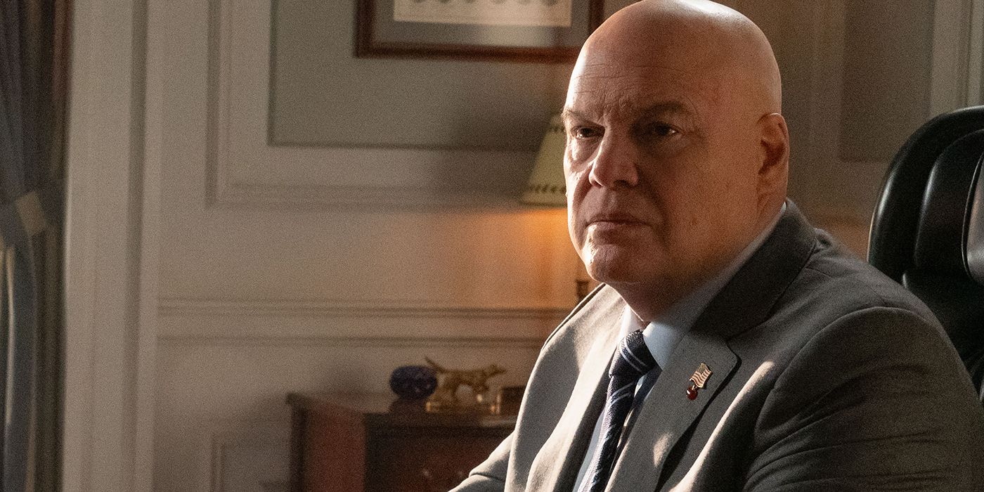 Vincent D'Onofrio as Wilson Fisk sitting in his mayoral office in Daredevil: Born Again