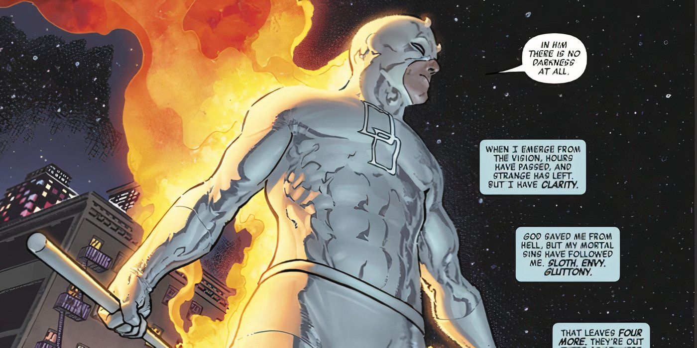 Daredevil standing in flames in his purified suit in Marvel Comics.