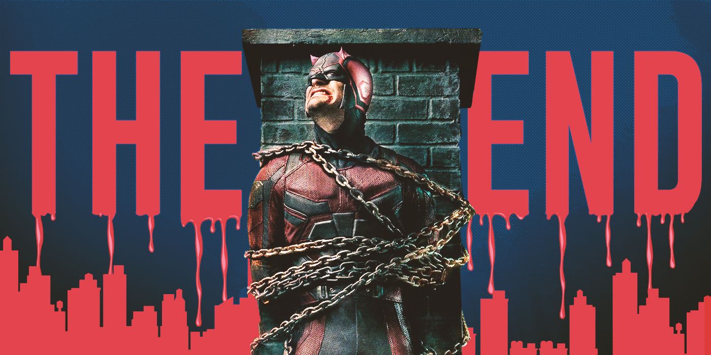 Daredevil chained to a building in front of a large THE END for Season 2