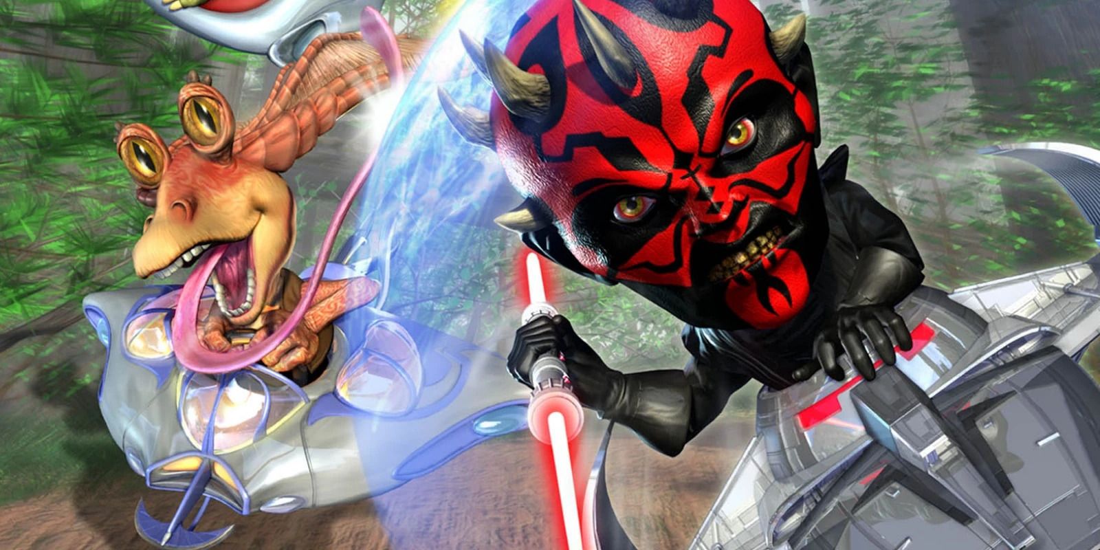 Darth Maul and Jar Jar Binks in chibi style, flying small ships in &lsquo;Star Wars Super Bombad Racing&rsquo;