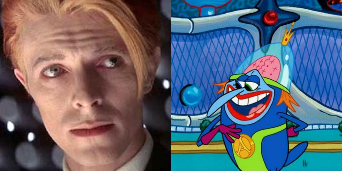 David Bowie in The Man Who Fell to Earth and his character Lord Royal Highness from SpongeBob SquarePants.