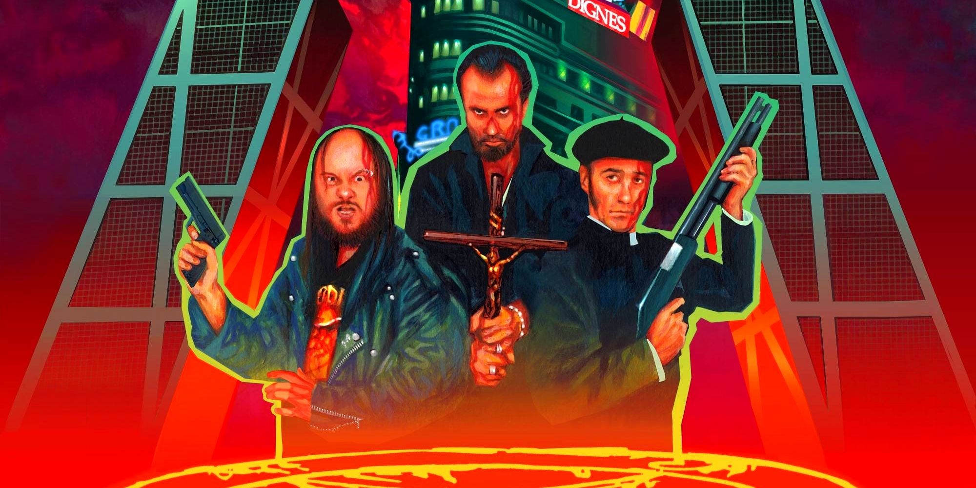 Three men stand in a triangle formation holding guns and a crucifix and surrounded by a fiery metal structure in The Day of the Beast.