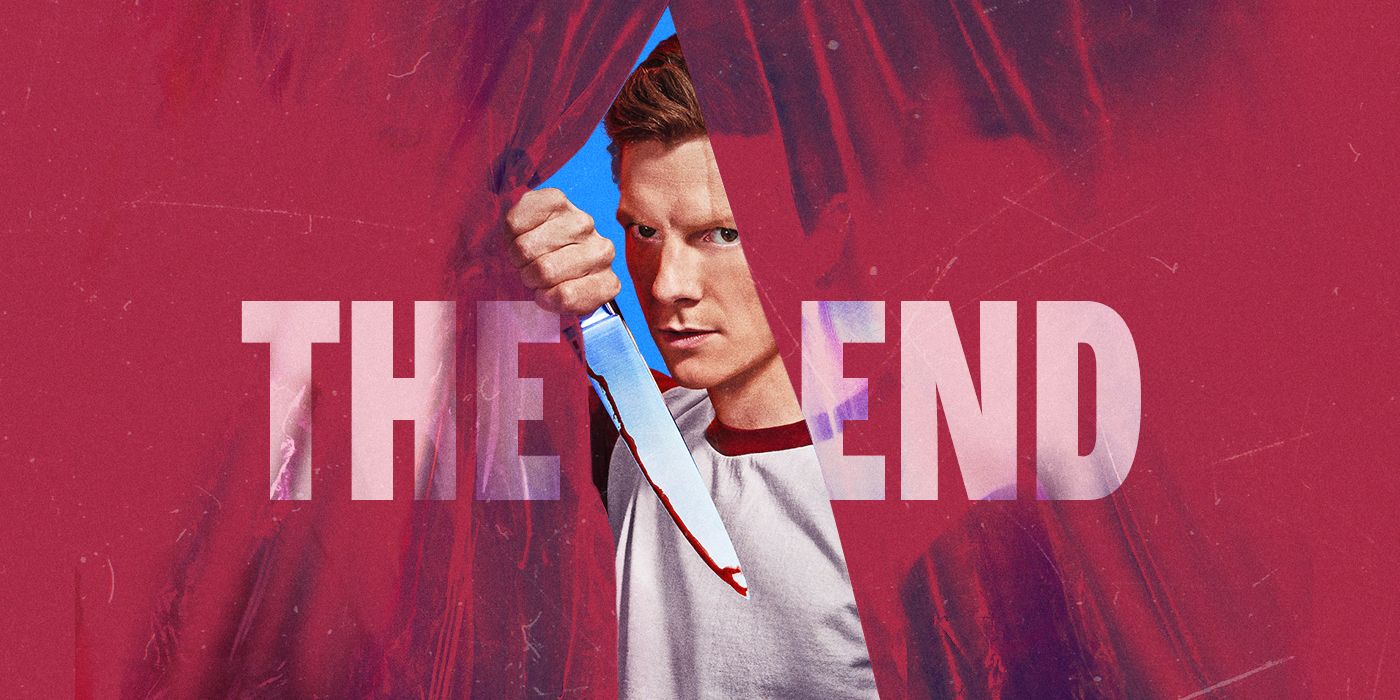 Dexter holding a knife coming through a curtain reading The End for Dexter: Original Sin