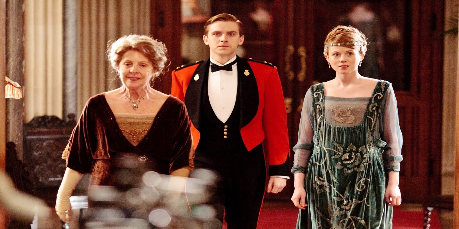 Penelope Wilton, Dan Stevens, and Zoe Boyle in Downton Abbey Season 2, Episode 1.