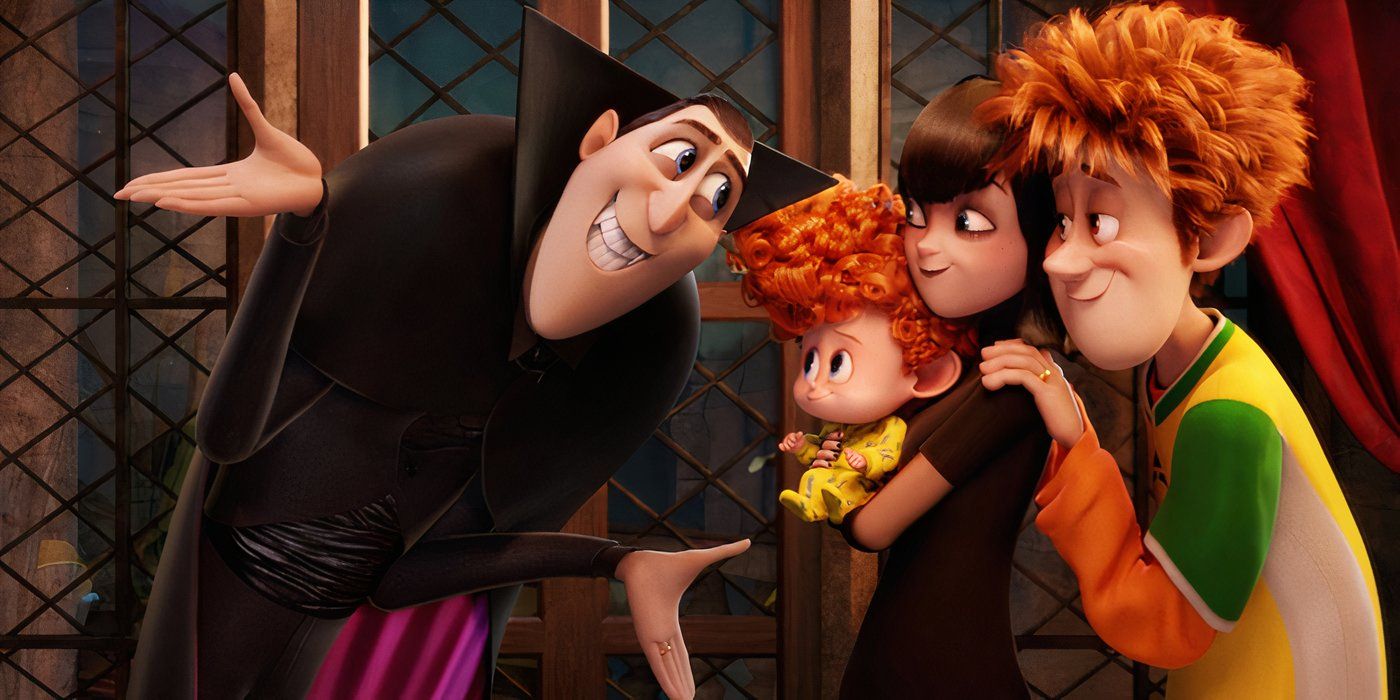 Dracula looking goofy at Mavis, Johnny and their son in Hotel Transylvania 2