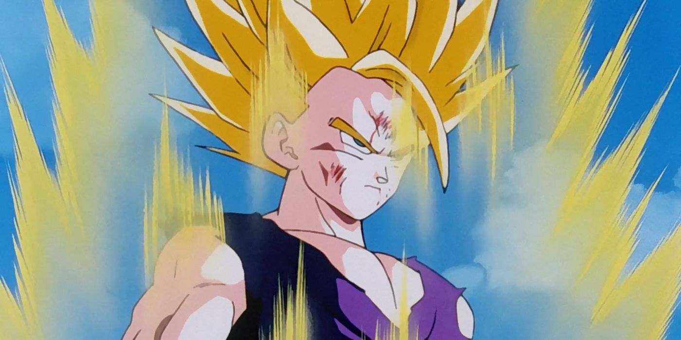 A yellow aura surrounds Gohan (Masako Nozawa/Kyle Hebert) in his Super Saiyan 2 form in Dragon Ball Z.