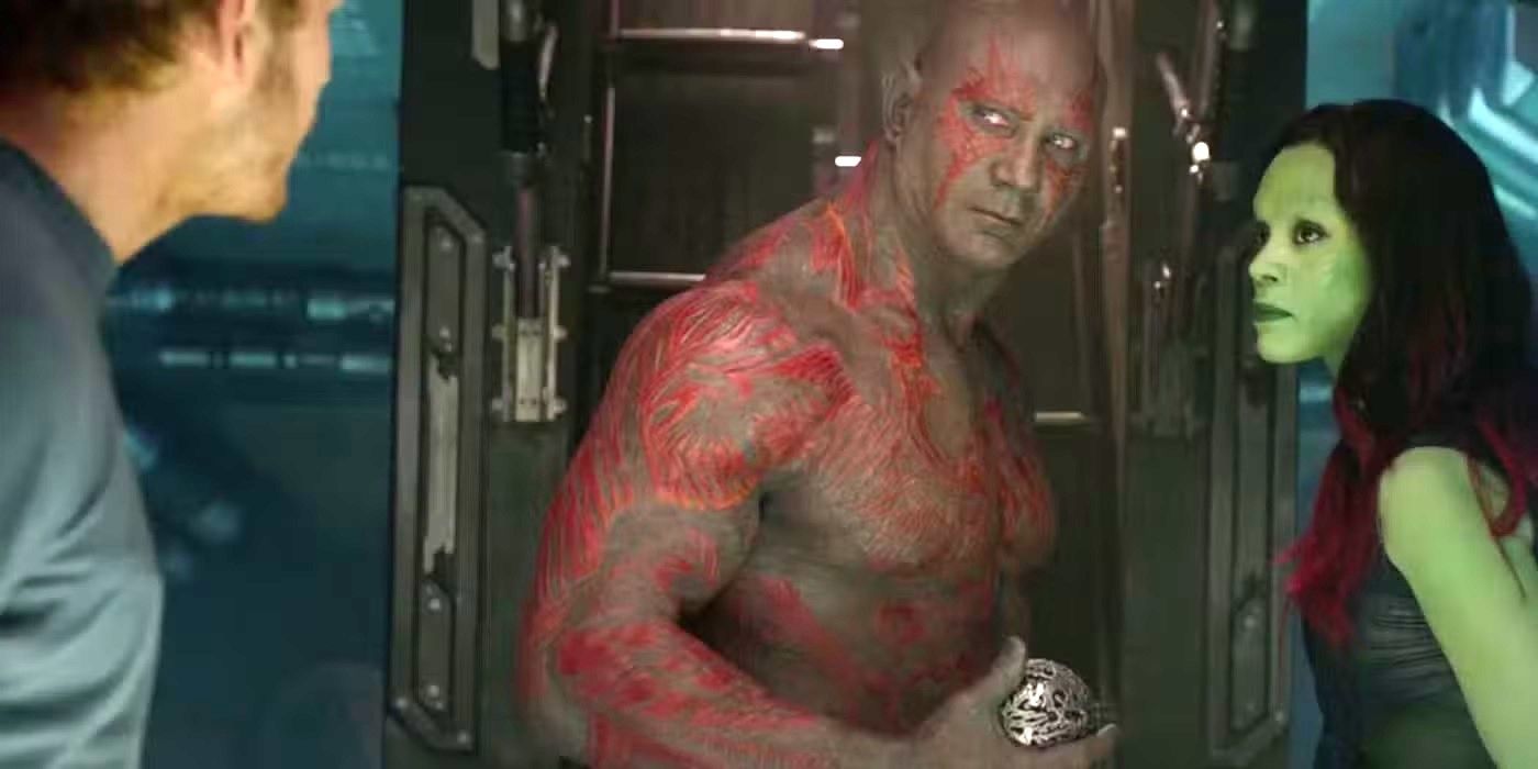 Drax and Gamora argue while Peter looks on in Guardians of the Galaxy.