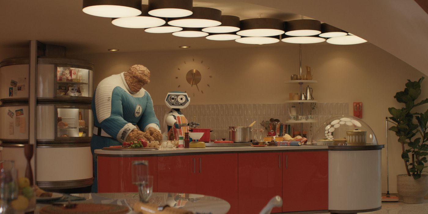 Ebon Moss-Bachrach as the Thing in the kitchen with H.E.R.B.I.E. in Fantastic Four: First Steps.