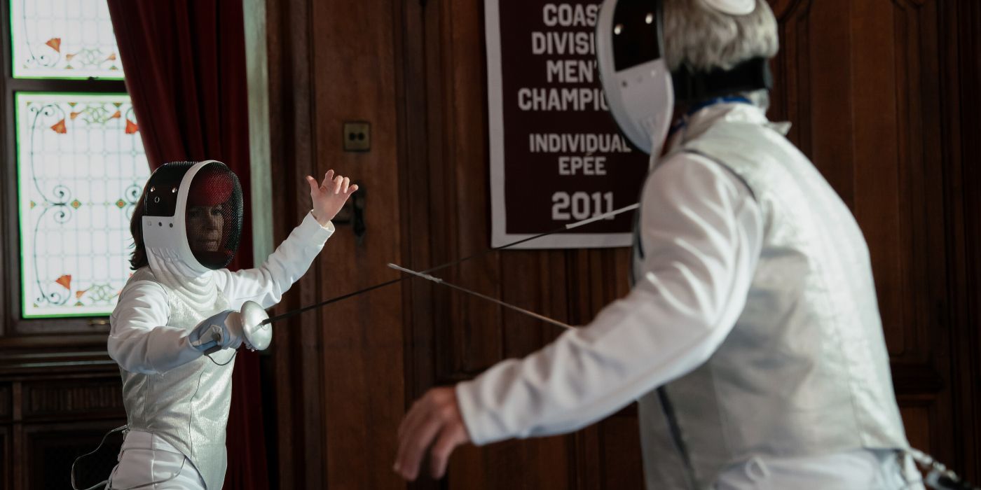 Carrie Preston dueling Matthew Broderick in fencing