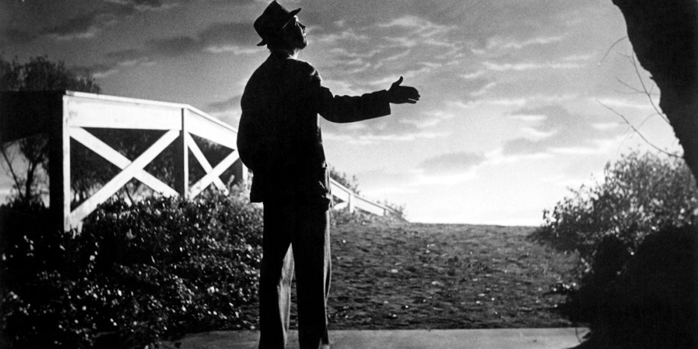 Elwood P. Down (Jimmy Stewart) walks into the sunset with Harvey by his side in 1950&rsquo;s Harvey.