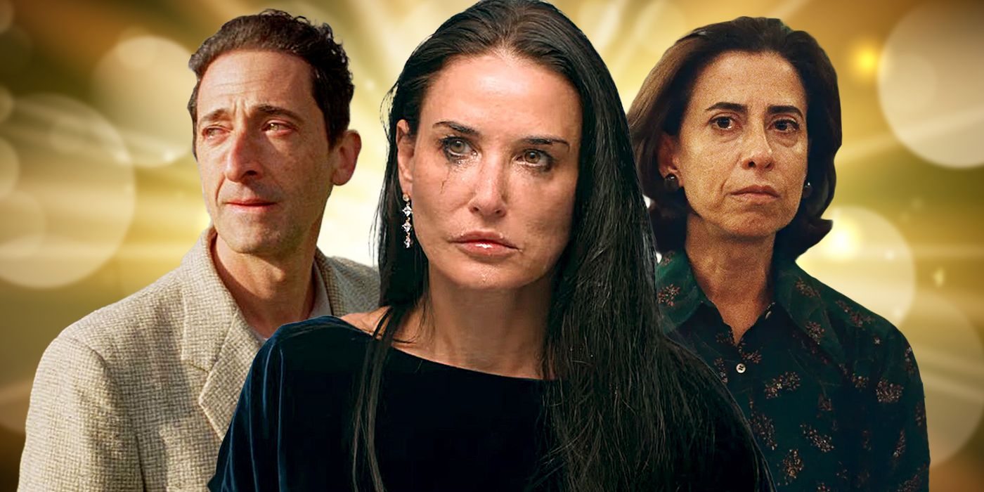 Blended image showing Adrien Brody, Demi Moore, and Fernanda Torres