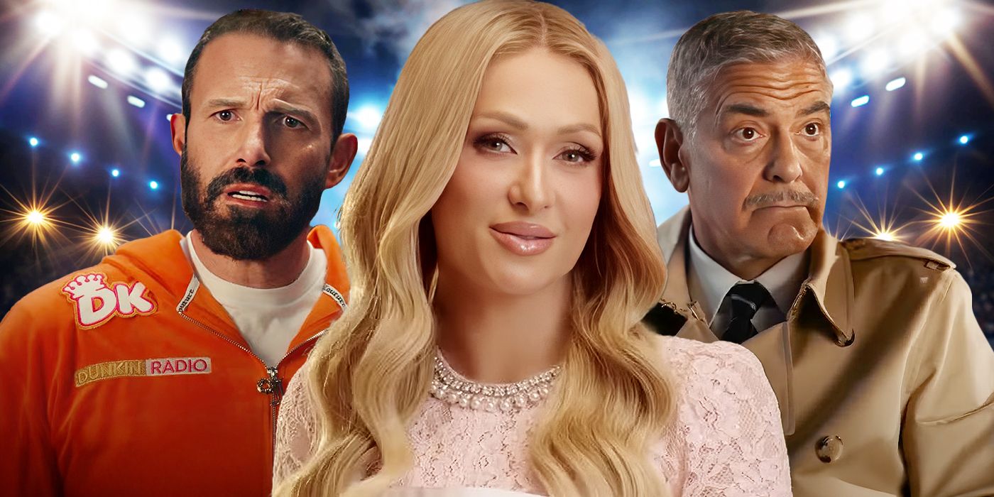Photos of Ben Affleck, Paris Hilton, and George Clooney from their SuperBowl LIX ads.