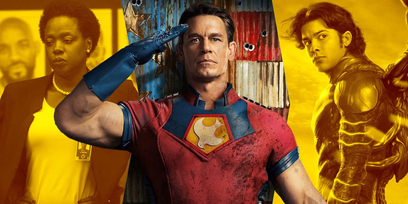 Blended image showing Amanda Waller, Peacemaker, and Blue Beetle
