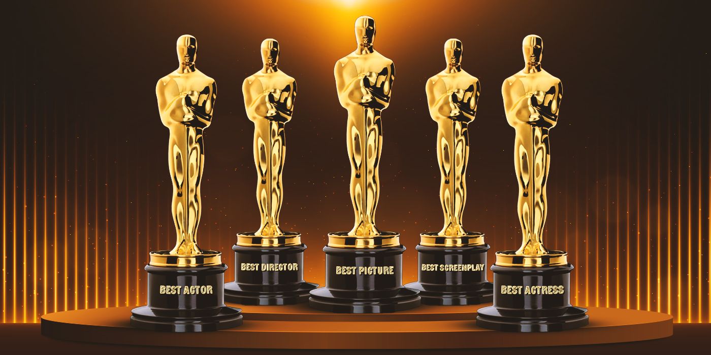 The Big Five Oscar trophies for Best Picture, Director, Actor, Actress, and Screenplay in line.