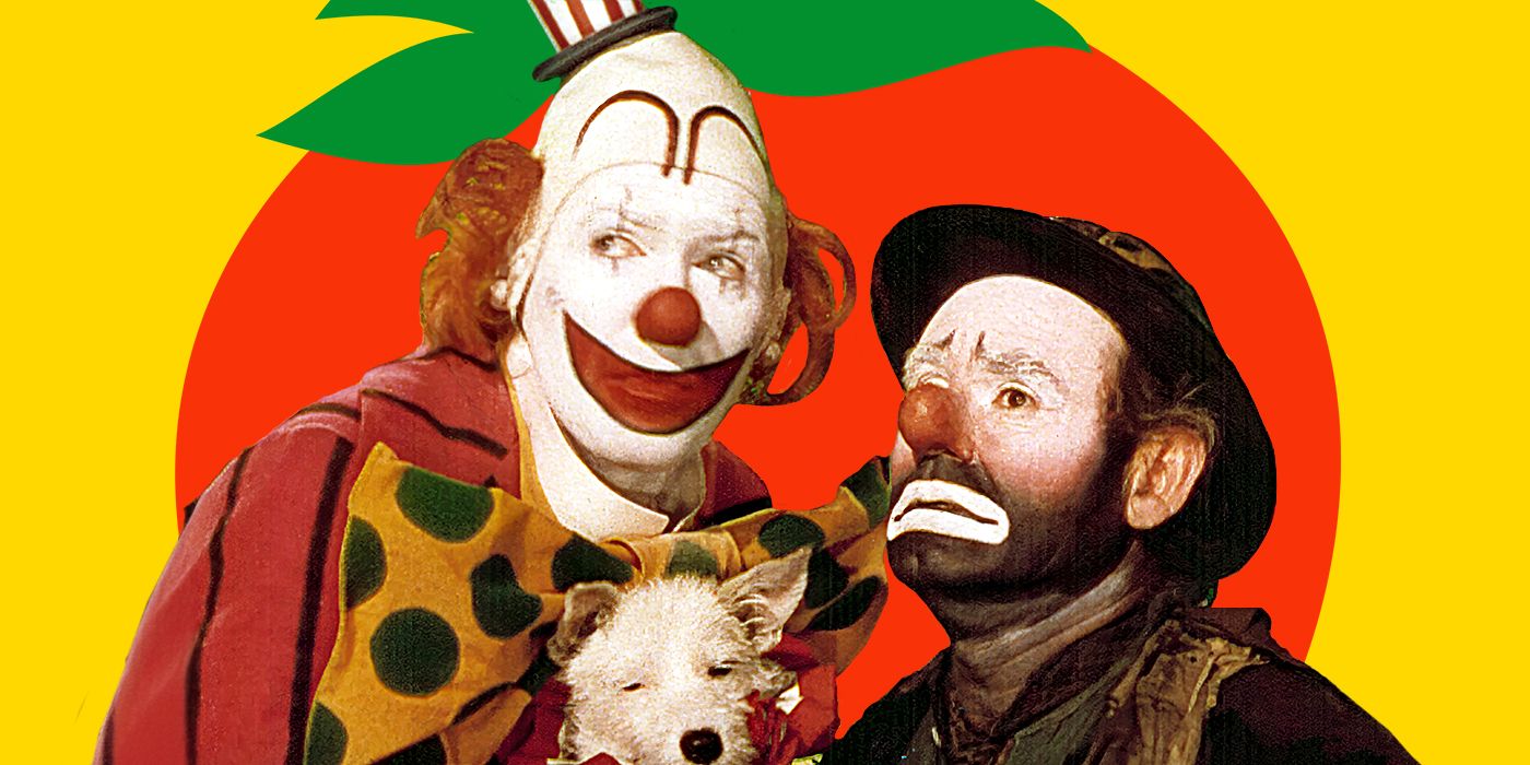 Blended image showing two clowns with a red tomato in the background