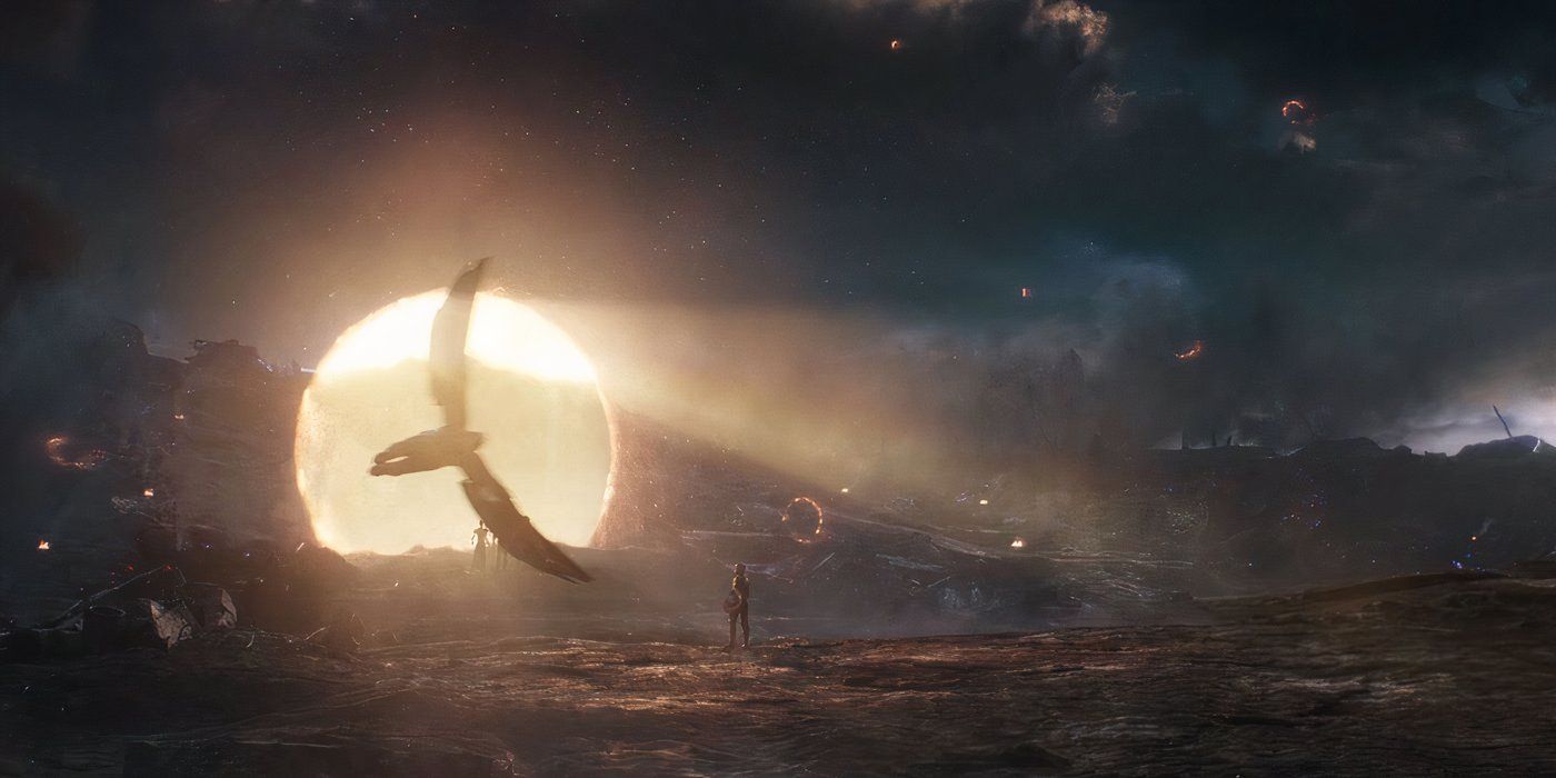 Falcon circling the battlefield as portals open in Avengers: Endgame.