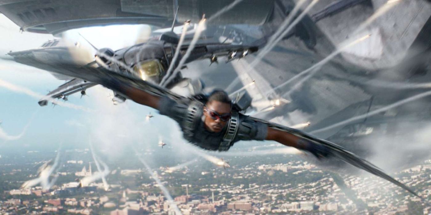 Falcon flying away from a Quinjet shooting rockets in Captain America: The Winter Soldier.