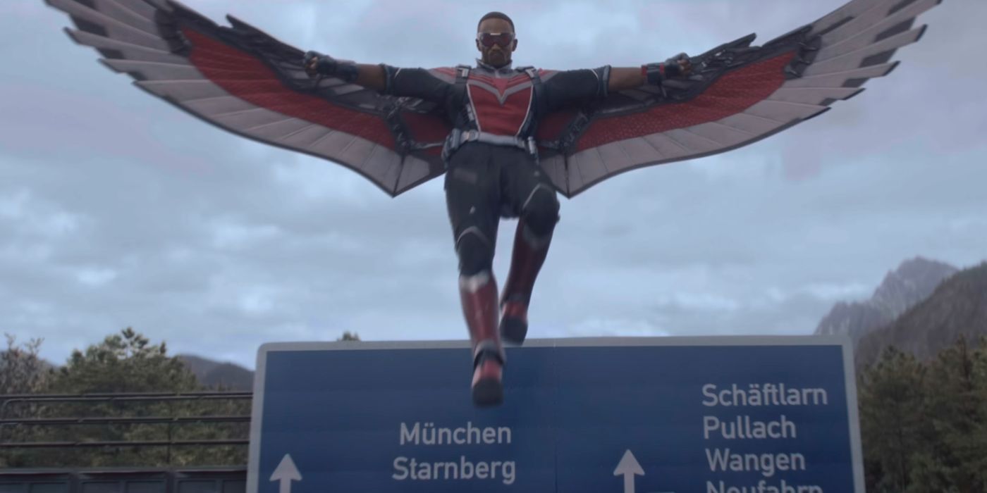 Falcon flying over a highway sign in The Falcon and the Winter Soldier.
