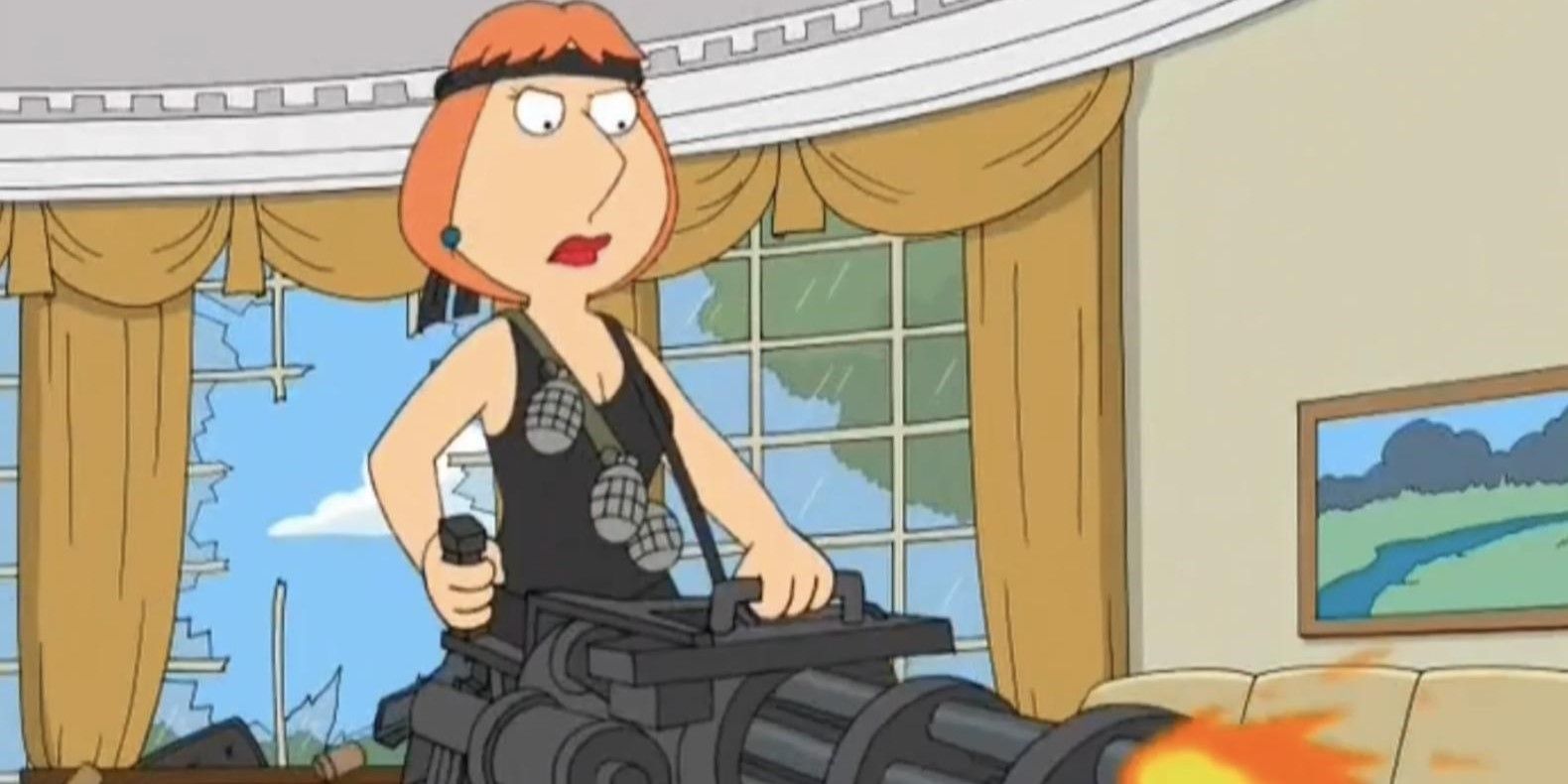 Lois empunhando uma enorme metralhadora no escritório oval em Family Guy