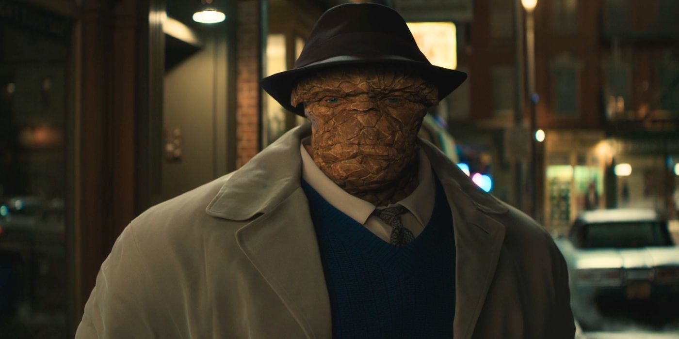 Ebon Moss-Bachrach as The Thing in a trenchcoat in The Fantastic Four: First Steps.