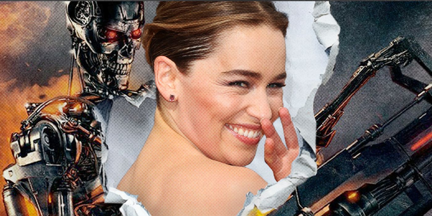 An illustration of a Terminator with a tear in the middle of the page, revealing a photo of actor Emilia Clarke.