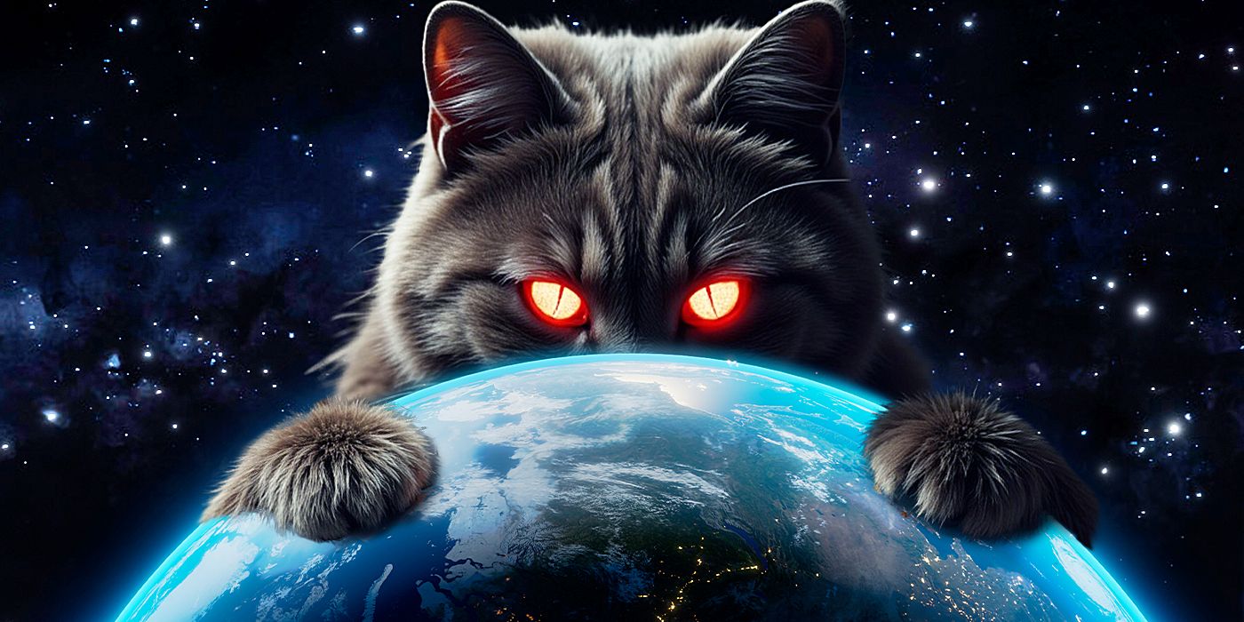 A tabby cat with glowing red eyes clutches the world between its paws.