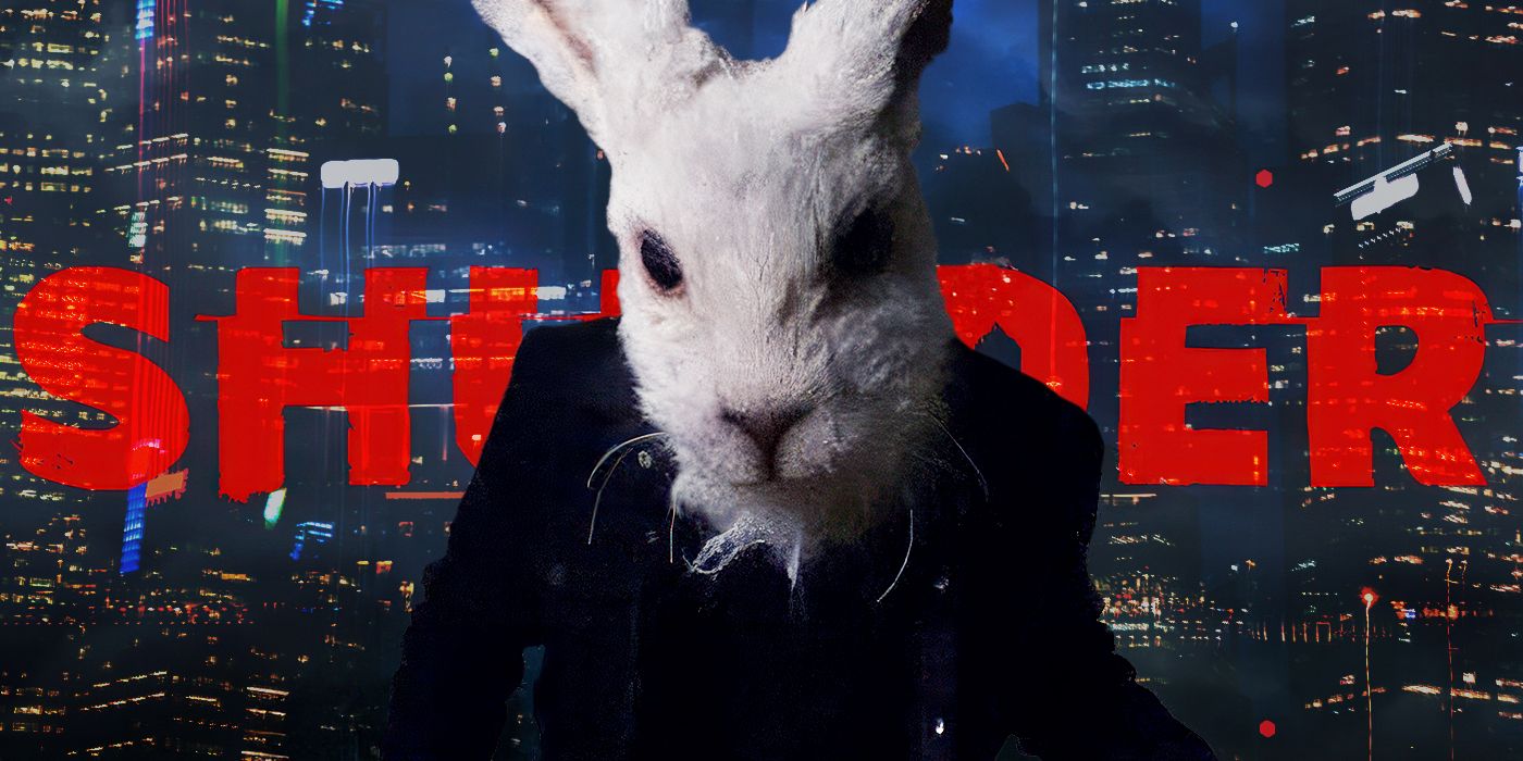 A person wearing a white rabbit head mask and a black suit, against a dark cityscape and the Shudder logo.