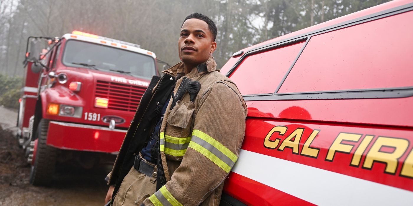 Jordan Calloway leaning against a Cal Fire truck
