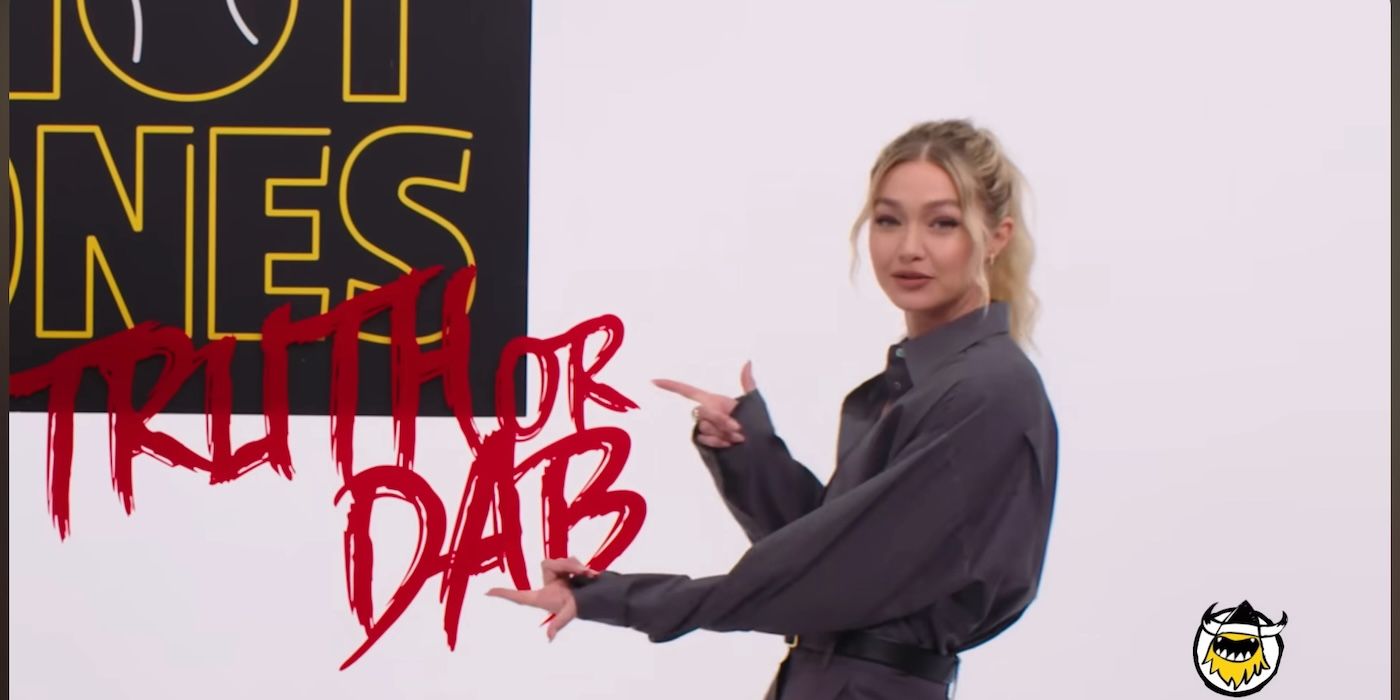 Gigi Hadid points to the &lsquo;Truth or Dab&rsquo; Sign on &lsquo;Hot Ones: Truth or Dab&rsquo;.