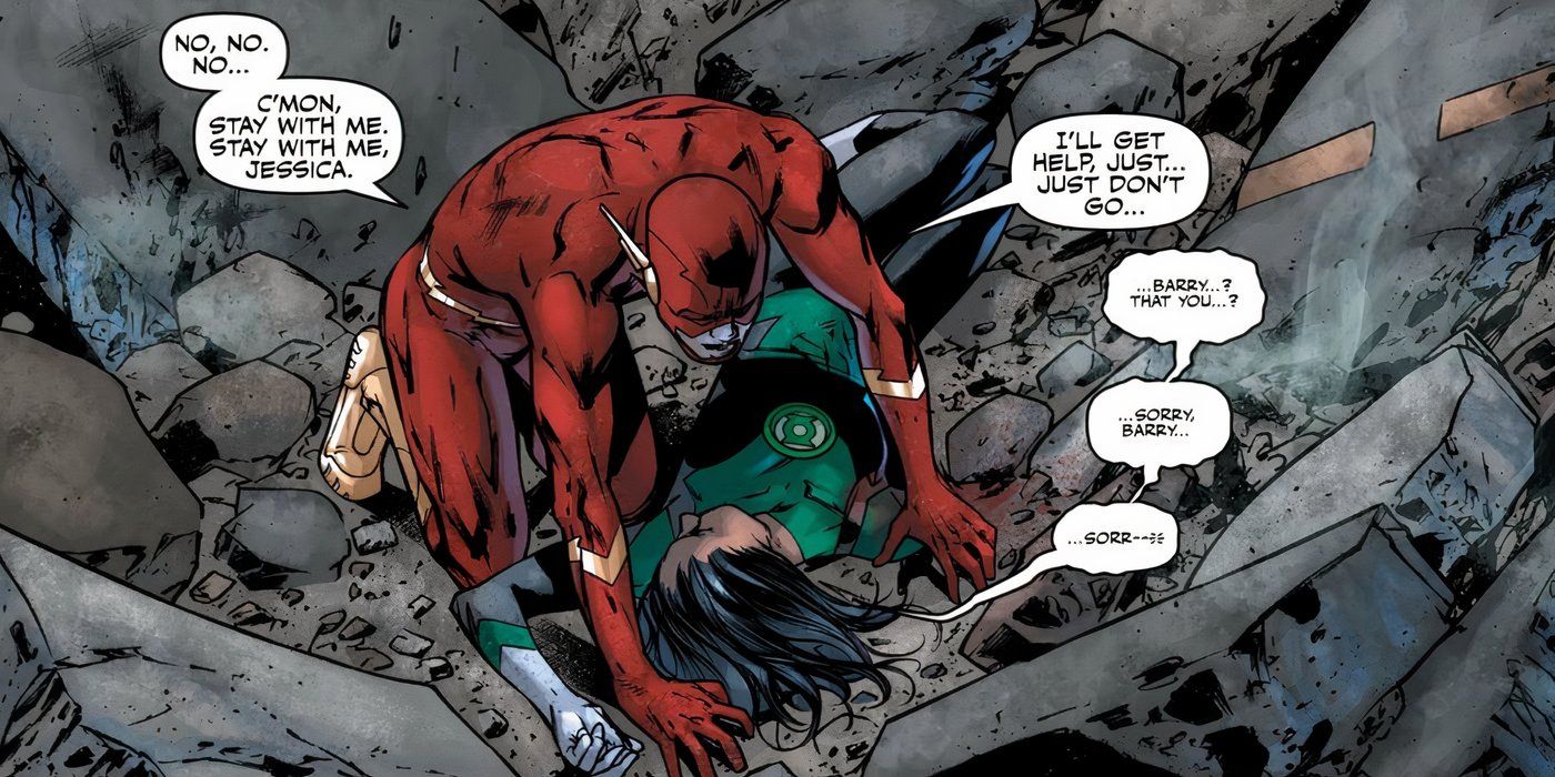 Flash kneeling over a wounded Jessica Cruz in DC Comics