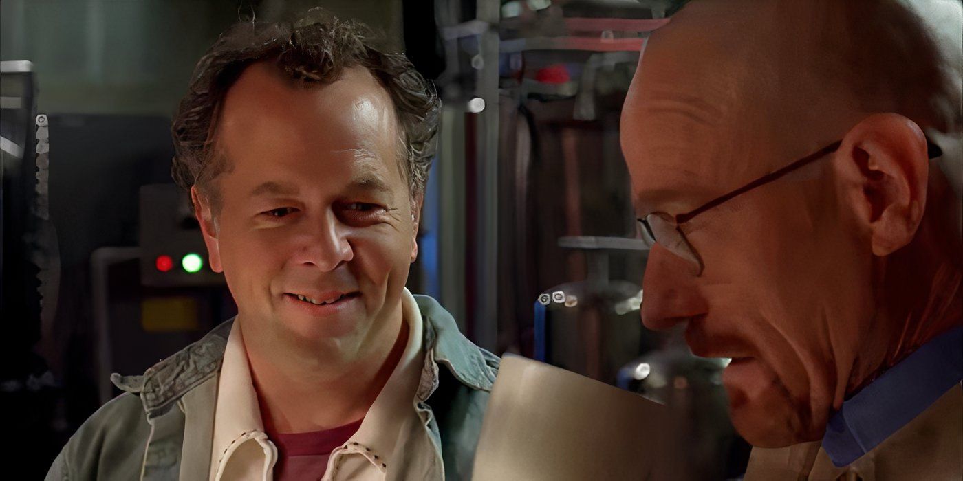 Gale Boetticher smiling and looking at Walter-White in the series Breaking Bad.