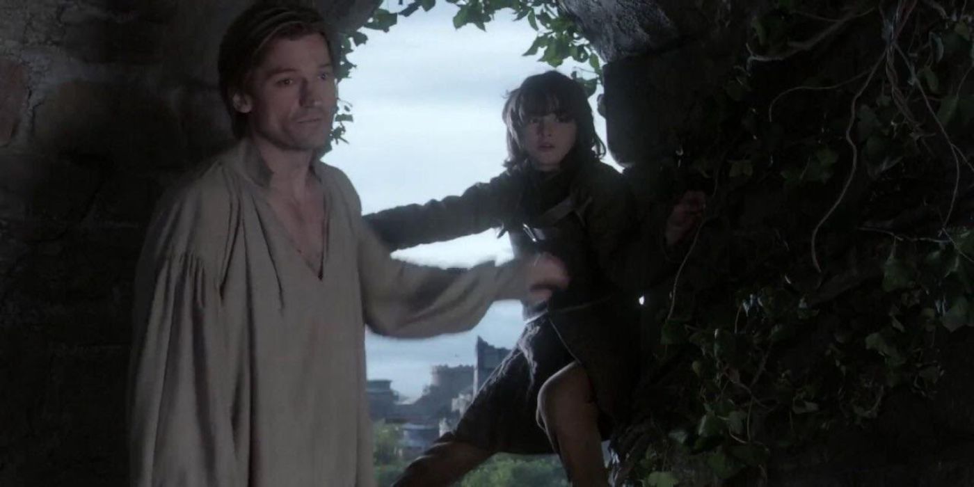 Ser Jaime Lannister about to push Brandon Stark out a window