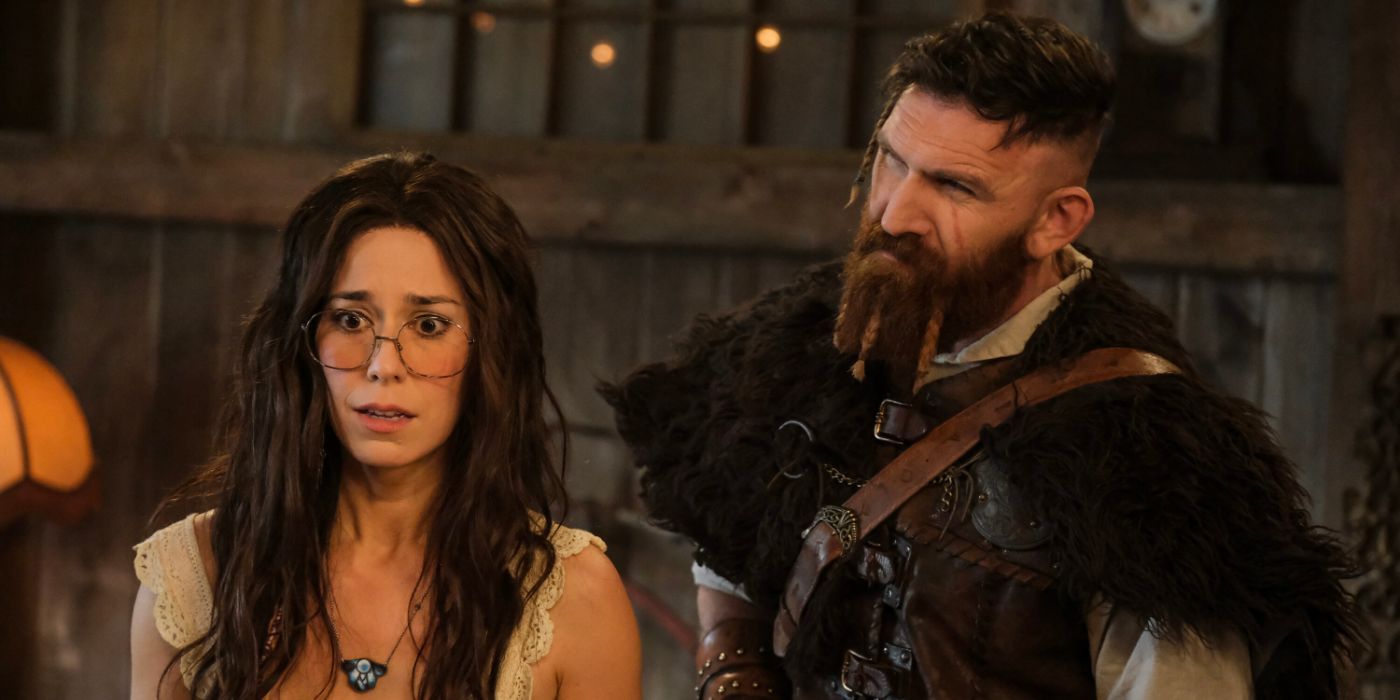 Shiela Carrasco and Devan Chandler Long as Flower and Thor in Ghosts Season 4 Episode 12
