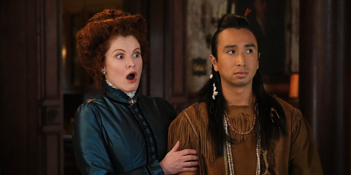 Román Zaragoza and Rebecca Wisocky in Ghosts Season 4 Episode 11