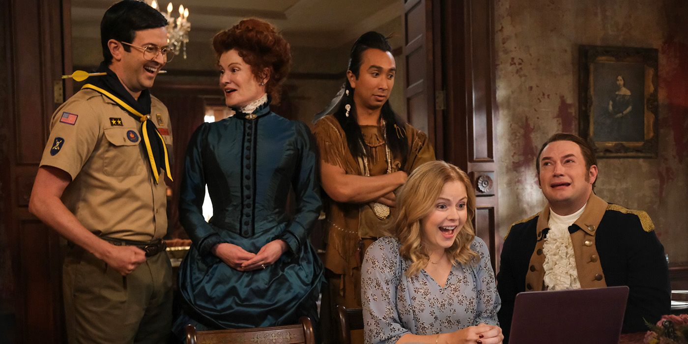Richie Moriarty, Rebecca Wisocky, Román Zaragoza, Rose McIver, and Brandon Scott Jones in Ghosts Season 4 Episode 6