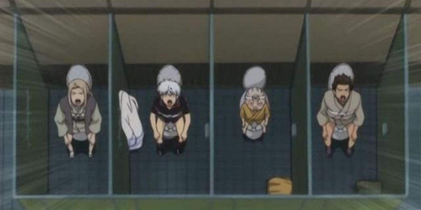 Gintoki, Kondo, and two others sitting on a toilet without toilet paper in Gintama.