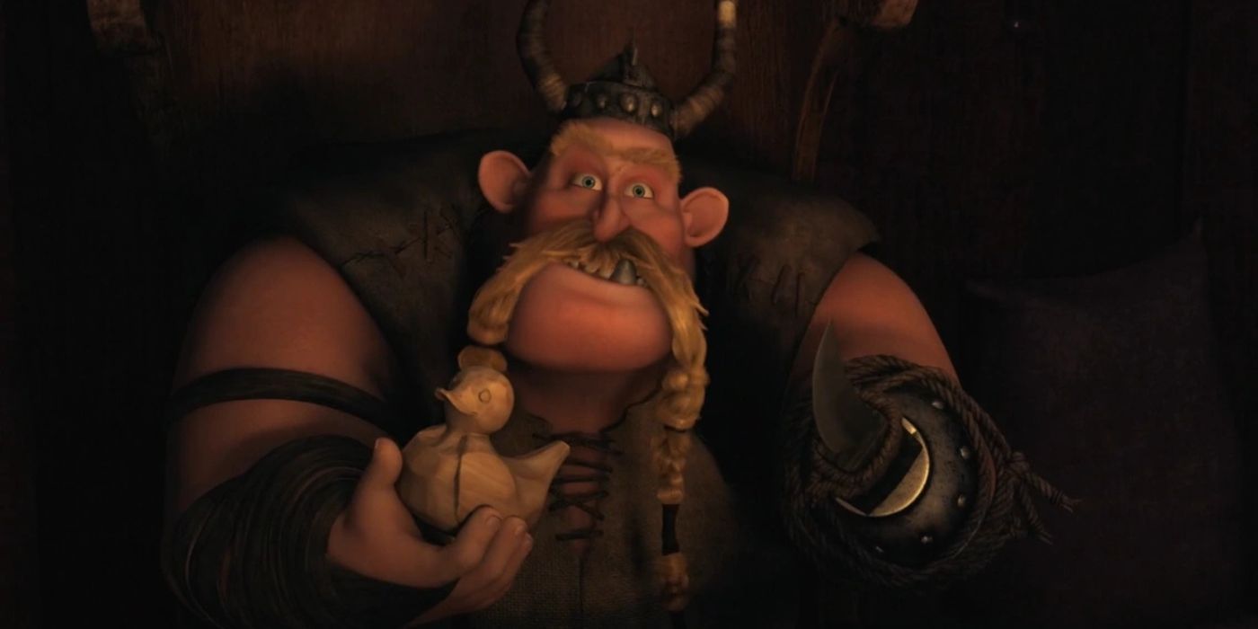 Gobber carving a wooden duck while talking in How to Train Your Dragon