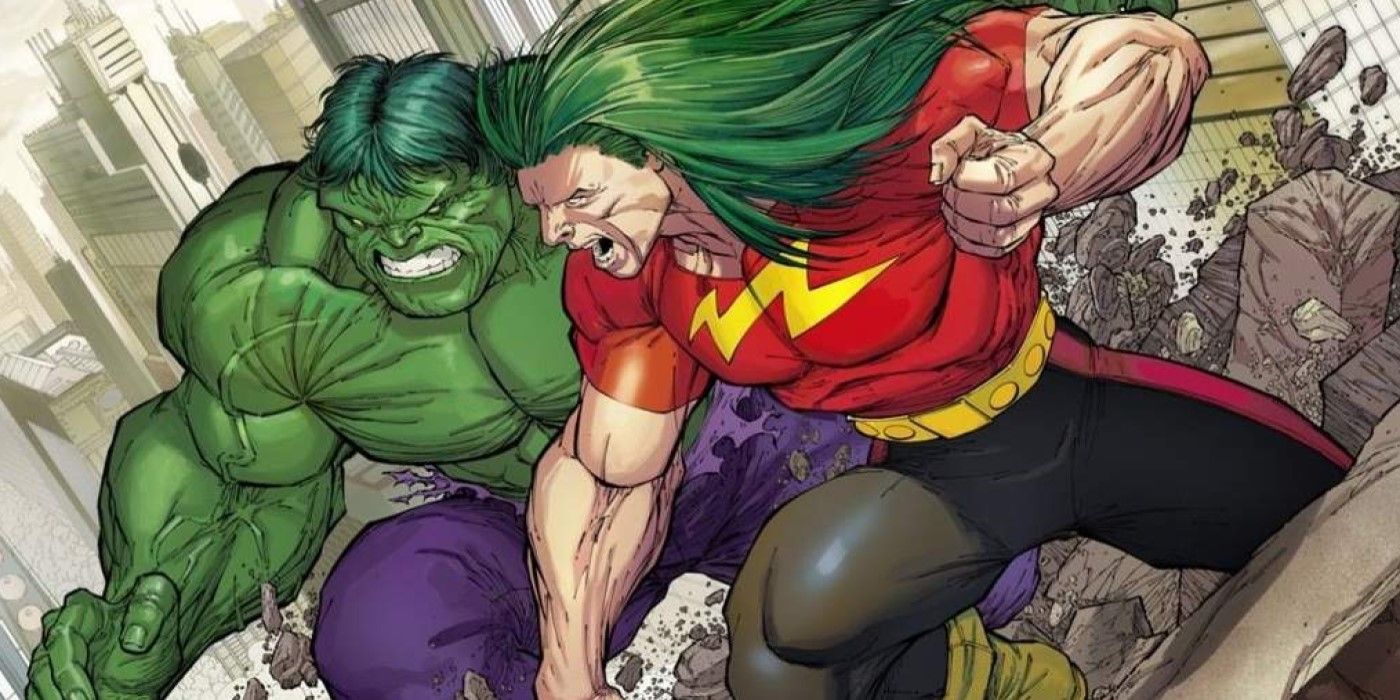 Green Hulk and Doc Samson seen fighting in the streets.
