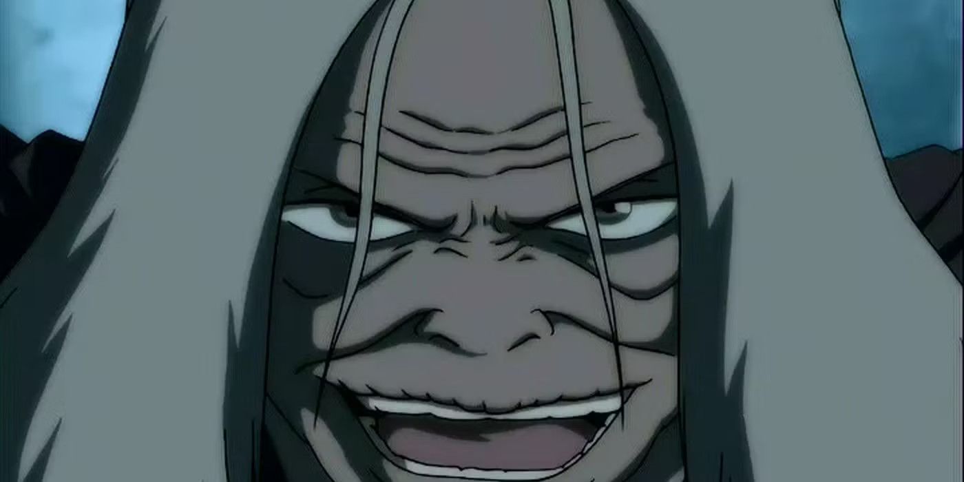 A closeup of Hama with an evil grin at night in Avatar: The Last Airbender.